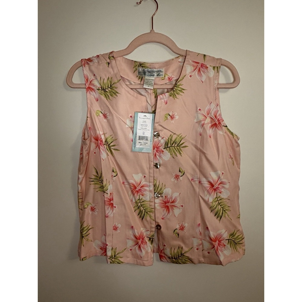 NWT Pineapple Moon 100% Silk Tropical Hibiscus Tank Top M‎ Pink Resort